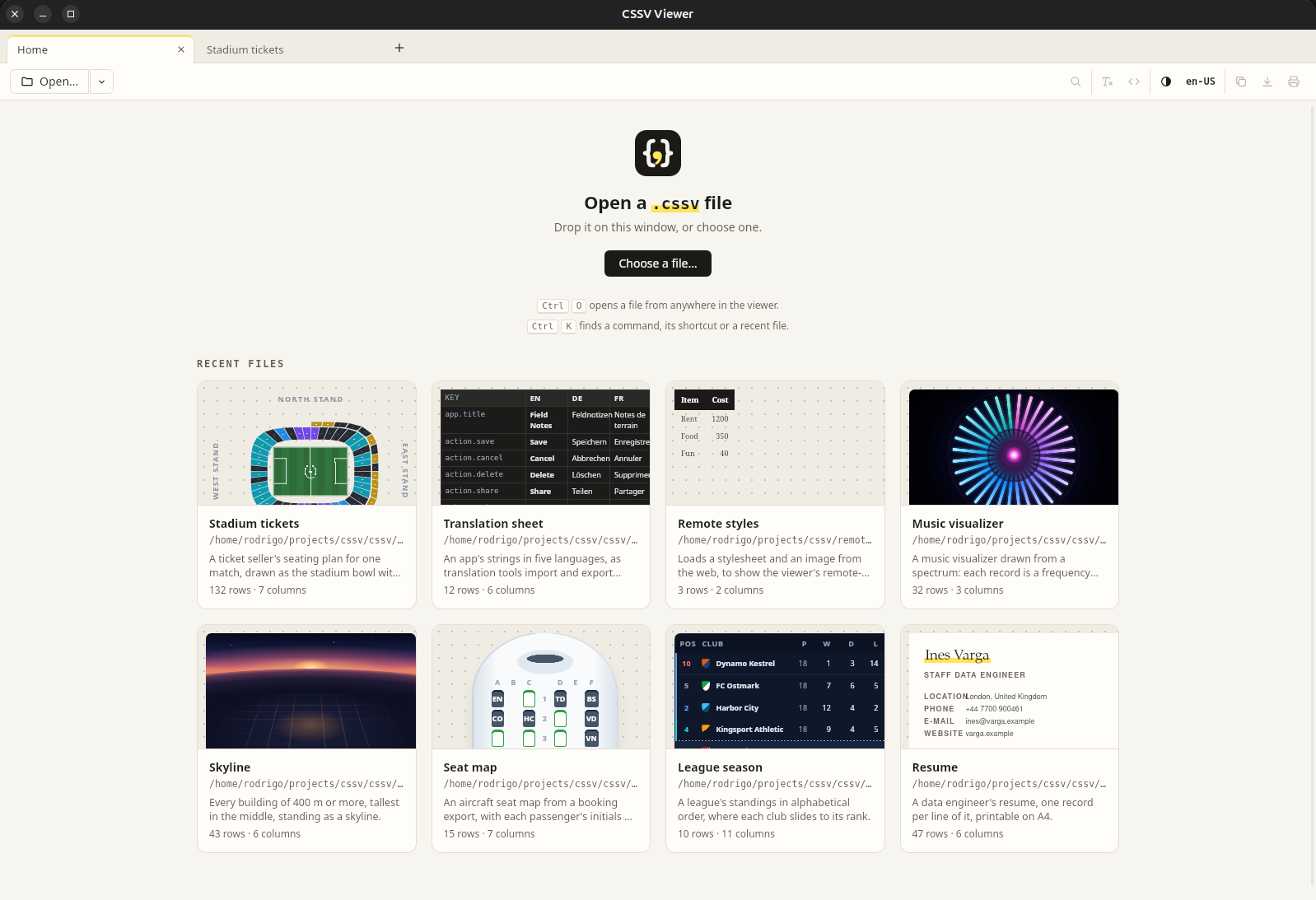 The viewer's home: a button to choose a file, and eight cards for recent files, from a stadium seating plan to a resume, each showing the file's first rows in its own styles with its title, description and size.